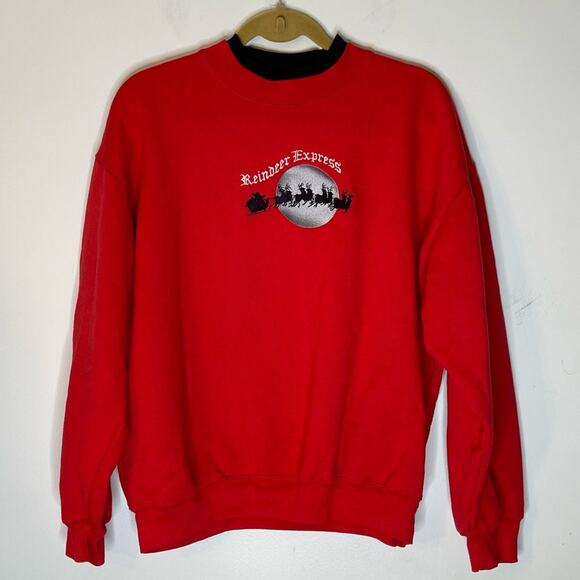 GINNIS GIRL Red and Black Reindeer Express Embroidered Pullover Sweatshirt Large - Picture 1 of 8